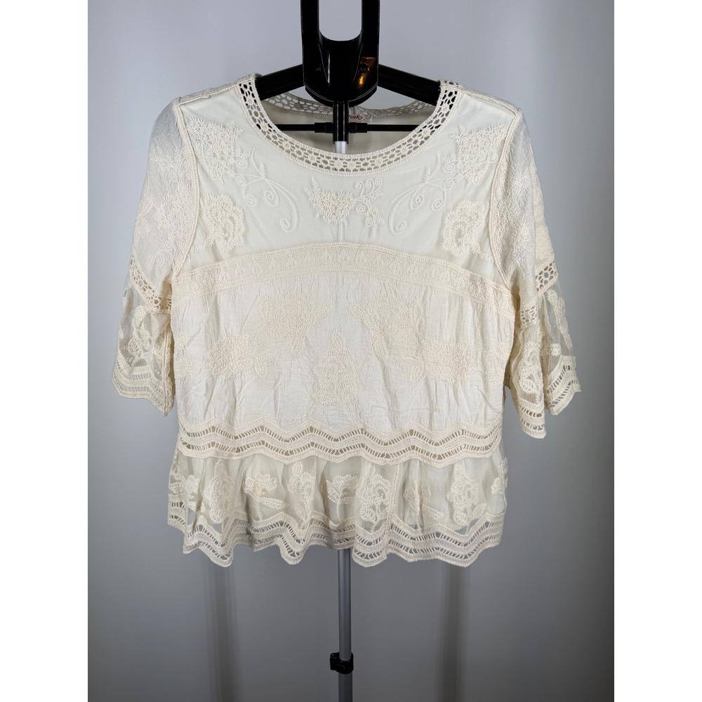 Pinky Cream Lace Embroidered Peplum Blouse 3/4 Bell Sleeve Boho Cottagecore L